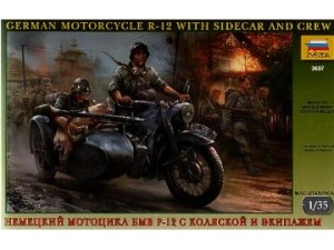 Motor, German Motorcycyle R12 with Ridel and Officer, skala 1:35, Zvezda 3607