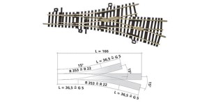 Zwrotnica trójdrożna  2 x 15°/166 mm skala TT, TILLIG 83230