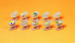 Wózki na zakupy z zakupami, skala H0, PREISER 17224